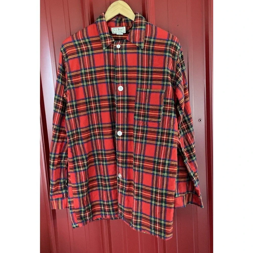 LL Bean Sleep Shirt Plaid Flannel Pajama USA Made Loungewear Vintage Medium Tall